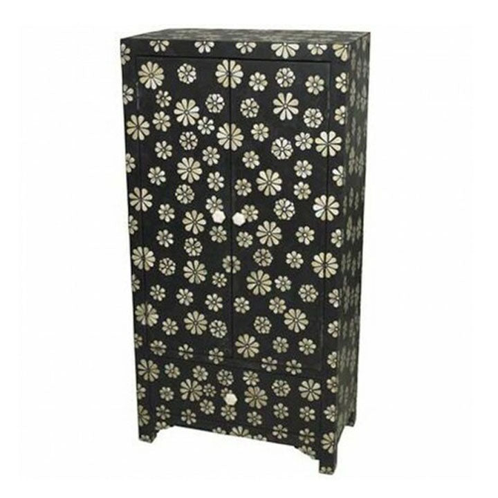 Naira Modern Bone Inlay Almirah Cabinet Wardrobe in Black - Notbrand