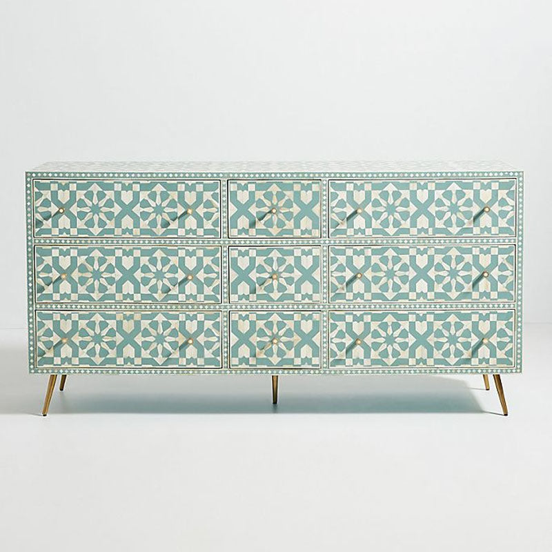 Moroccan Bone Inlay Chest of 9 Drawers Sideboard Light Green - Notbrand
