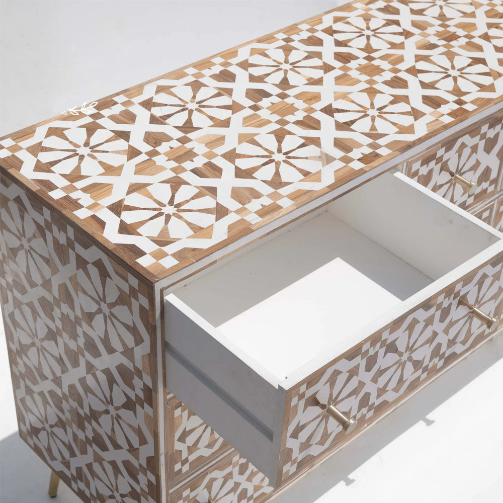 Moroccan Teak Wood Inaly 9 Drawer Sideboard - White - Notbrand
