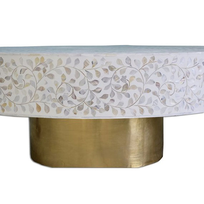 Evelyn Mother of Pearls Inlay Coffee Table Floral Design Brass Base - Notbrand