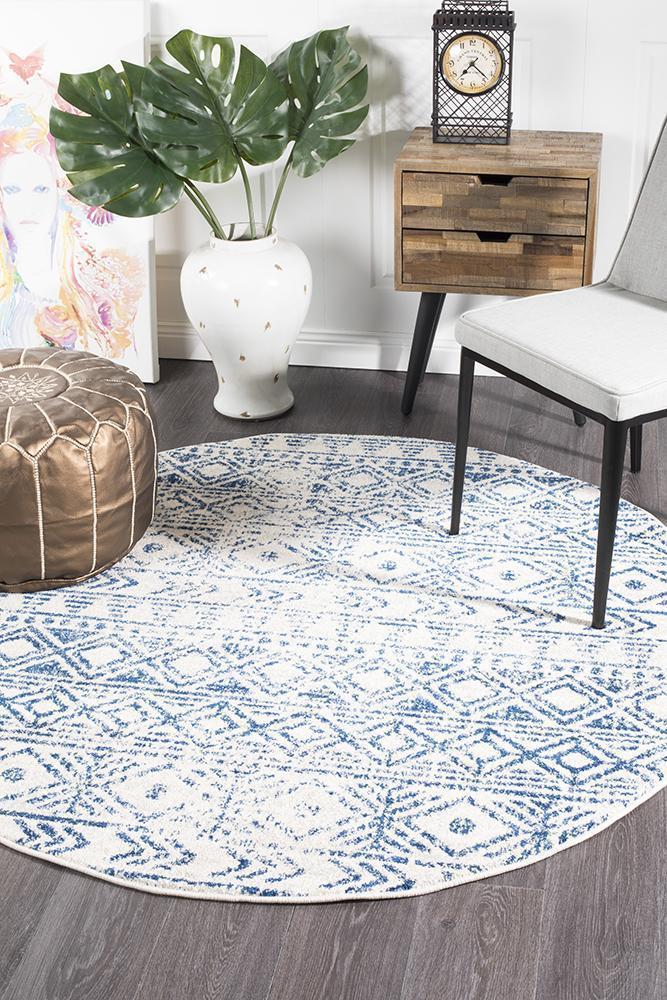 Oasis Ismail White Blue Rustic Round Rug - Notbrand