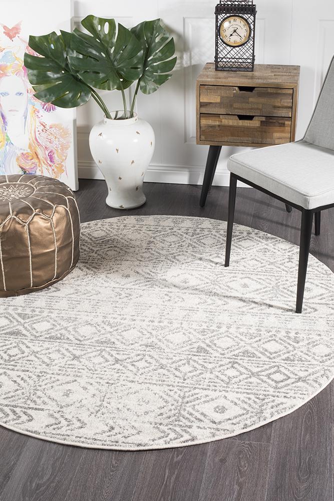 Oasis Ismail White Grey Rustic Round Rug - Notbrand