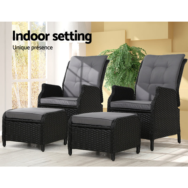 Vitalian Set of 2 Outdoor lounge Patio Recliner Chairs - Wicker Black - Notbrand