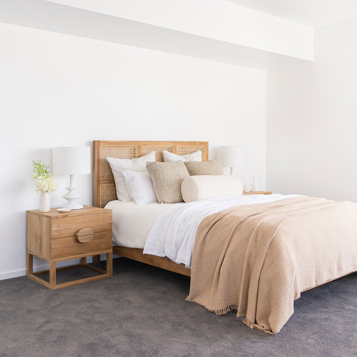 Orlando Teak Wood Bed with Rattan Headboard - King - Notbrand