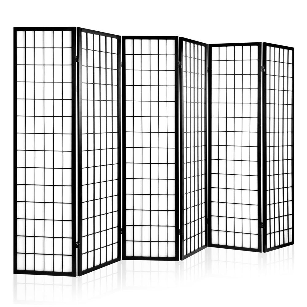 Renata 6 Panel Room Divider Privacy Screen Foldable Pine Wood Stand Black