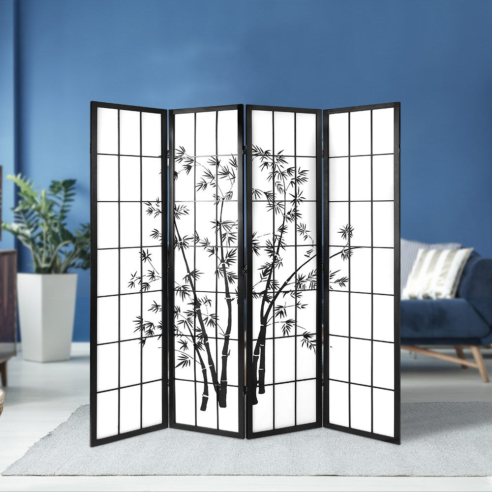 Renata 4 Panel Room Divider Screen Privacy Dividers Pine Wood Stand Shoji Bamboo Black White - Notbrand