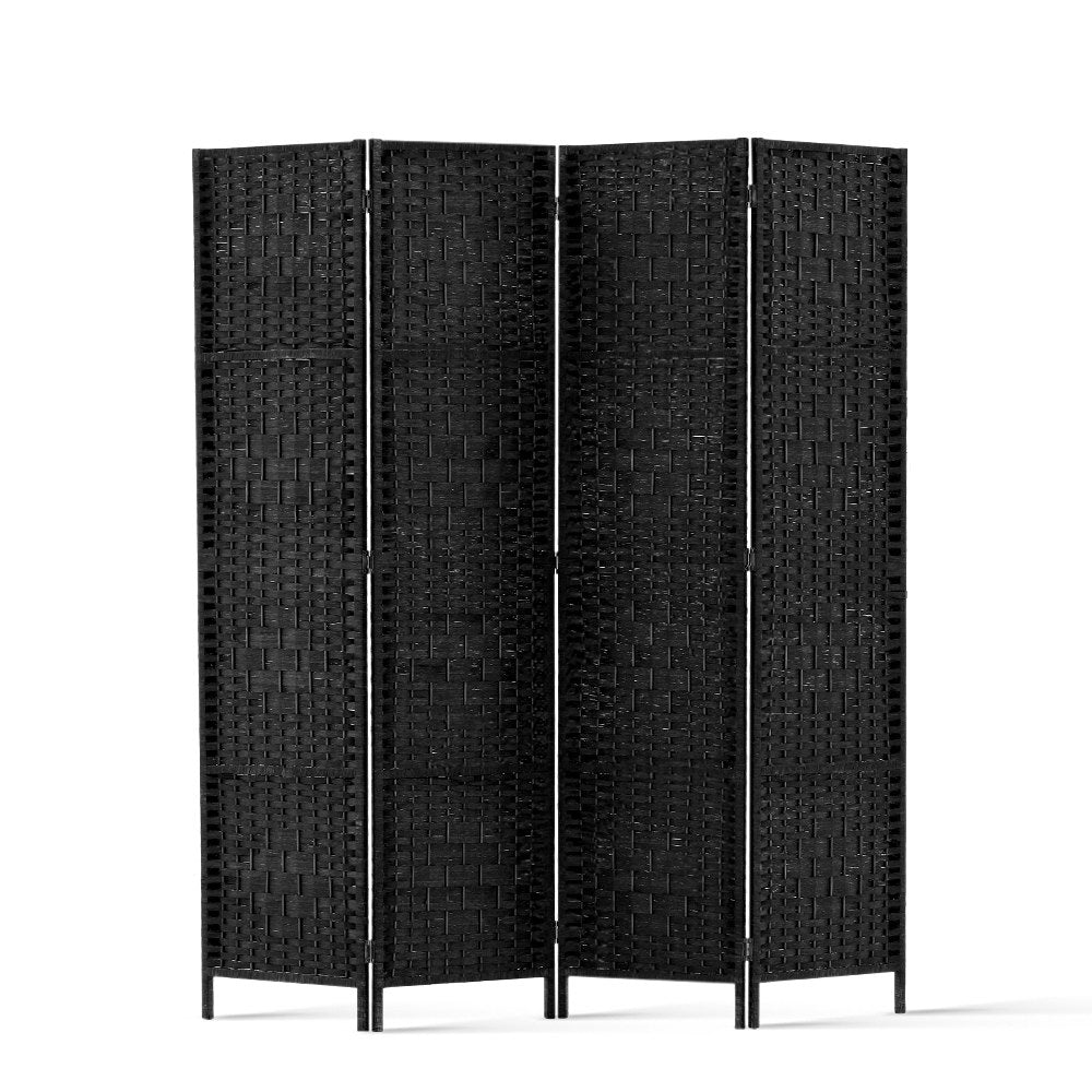 Renata 4 Panel Room Divider Privacy Screen Rattan Woven Wood Stand Black