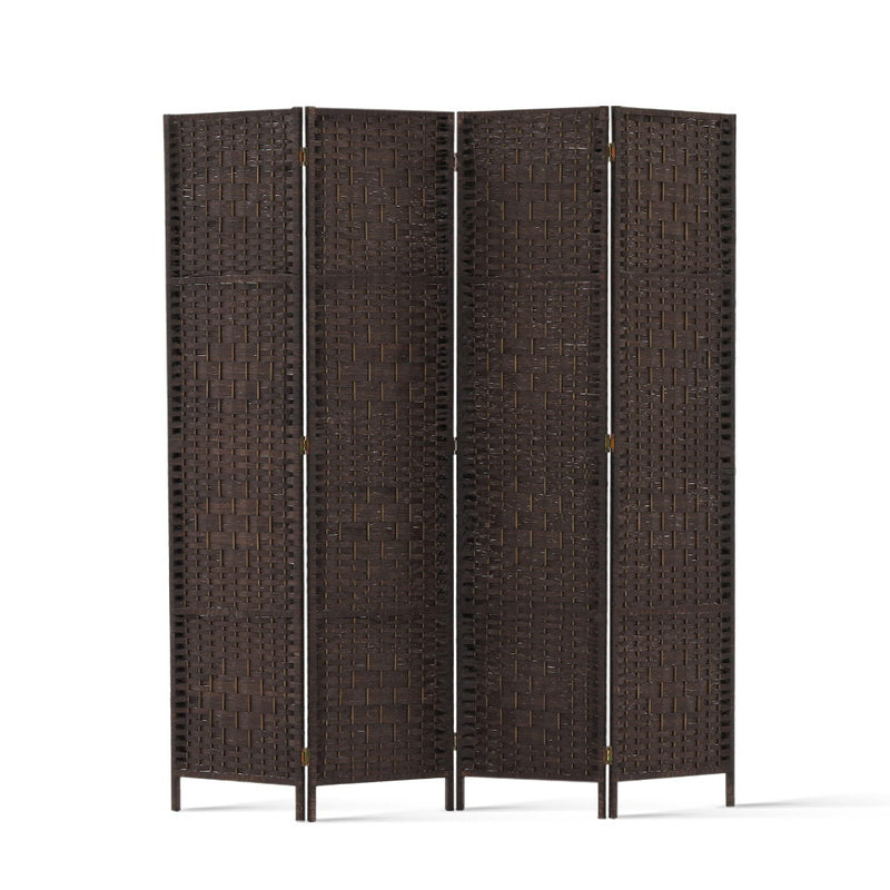 Renata 4 Panel Room Divider Privacy Screen Rattan Woven Wood Stand Brown