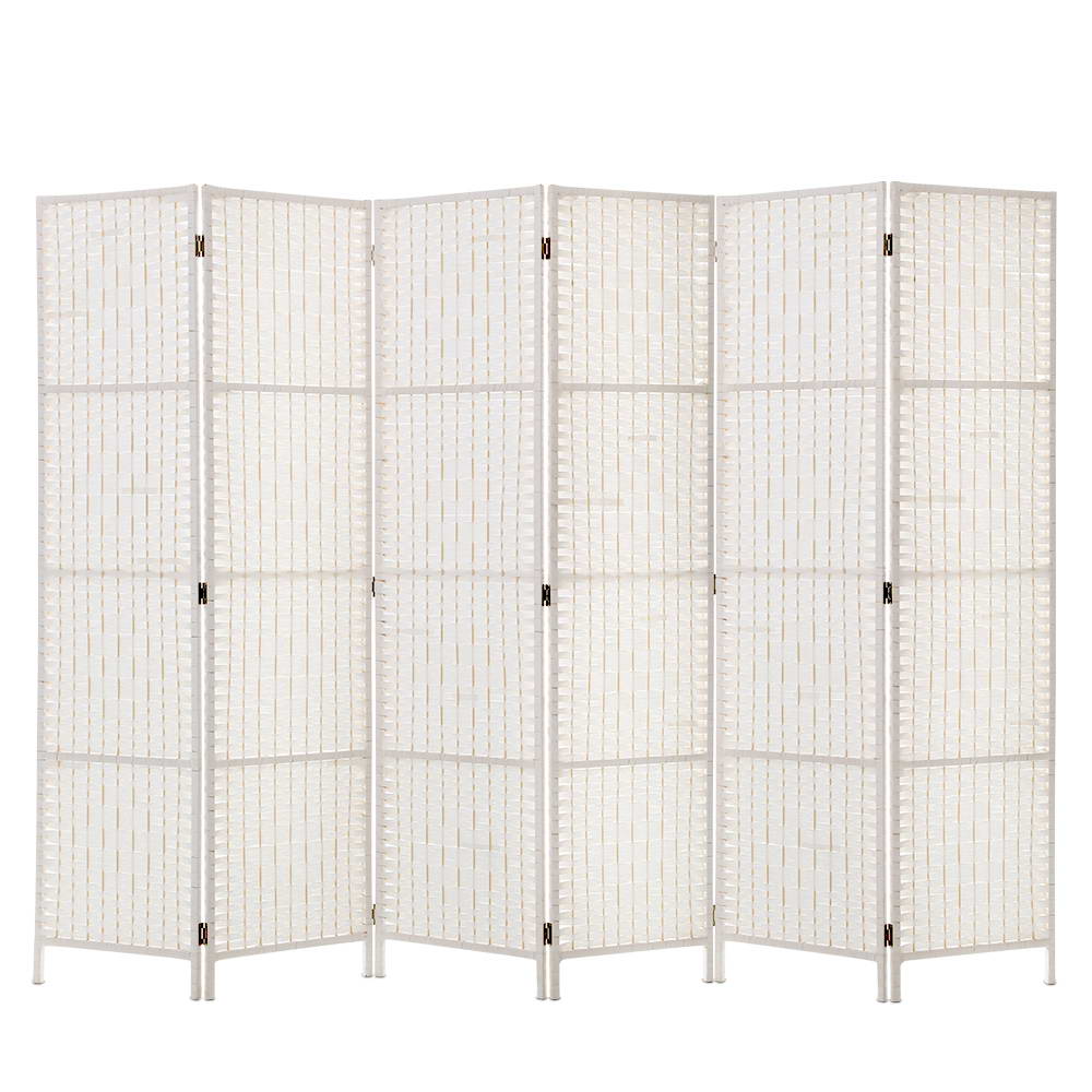 Renata 6 Panel Room Divider Privacy Screen Rattan Timber Fold Woven Stand White