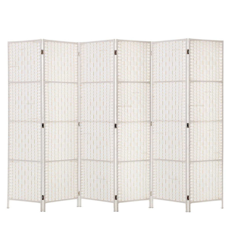 Renata 6 Panel Room Divider Privacy Screen Rattan Timber Fold Woven Stand White