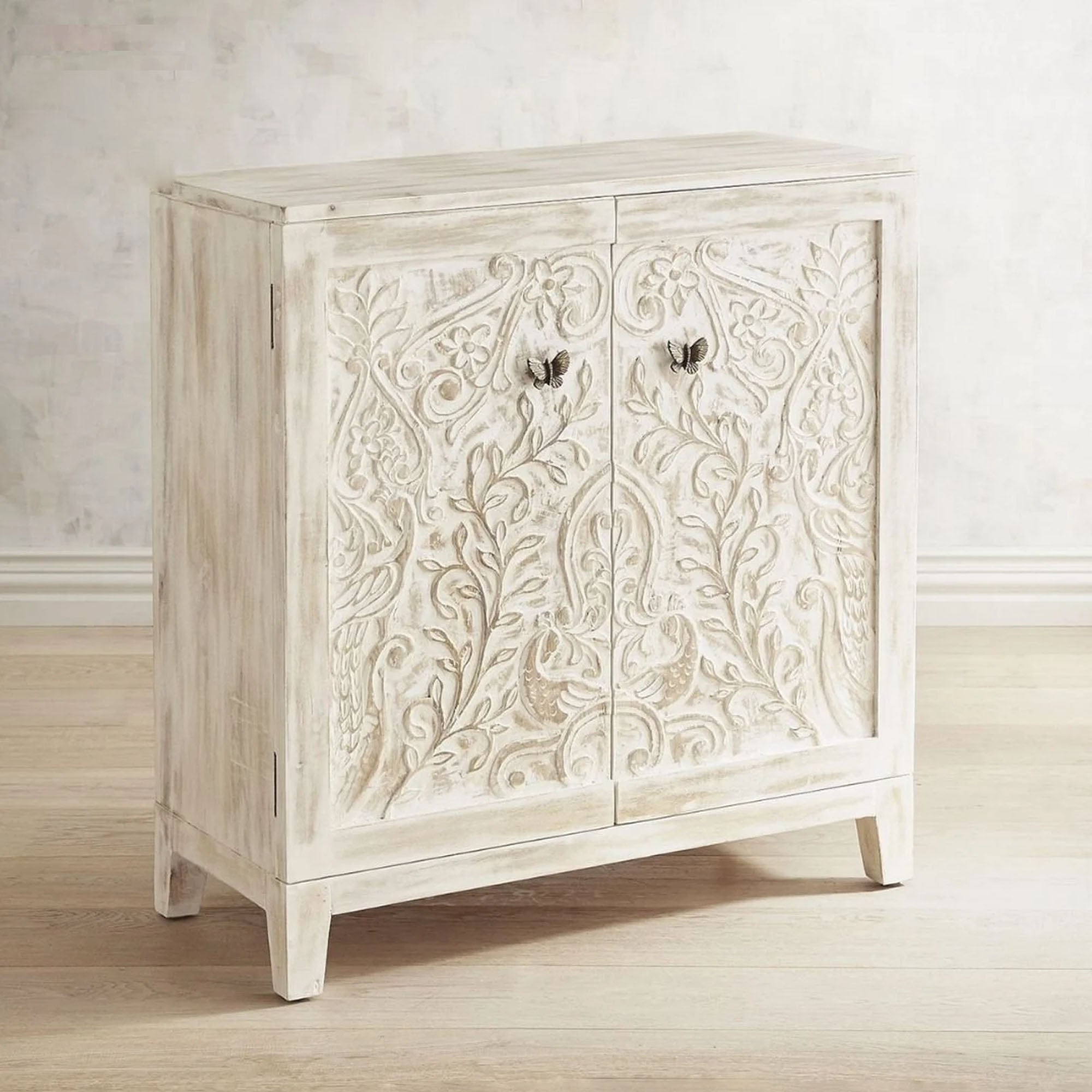 Reeta Hand Carved Solid Wood Cabinet Buffet - Whitewash - Notbrand