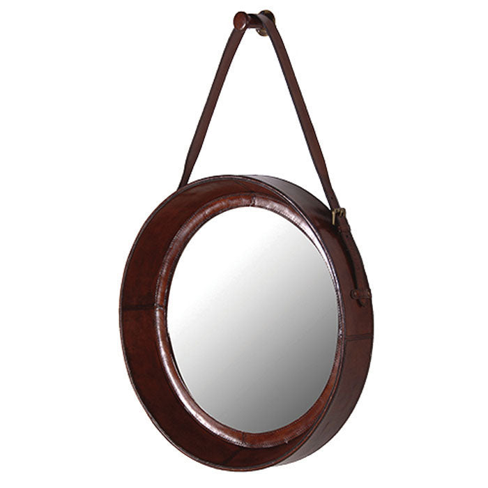 Round Mirror with Dark Leather Border - Notbrand