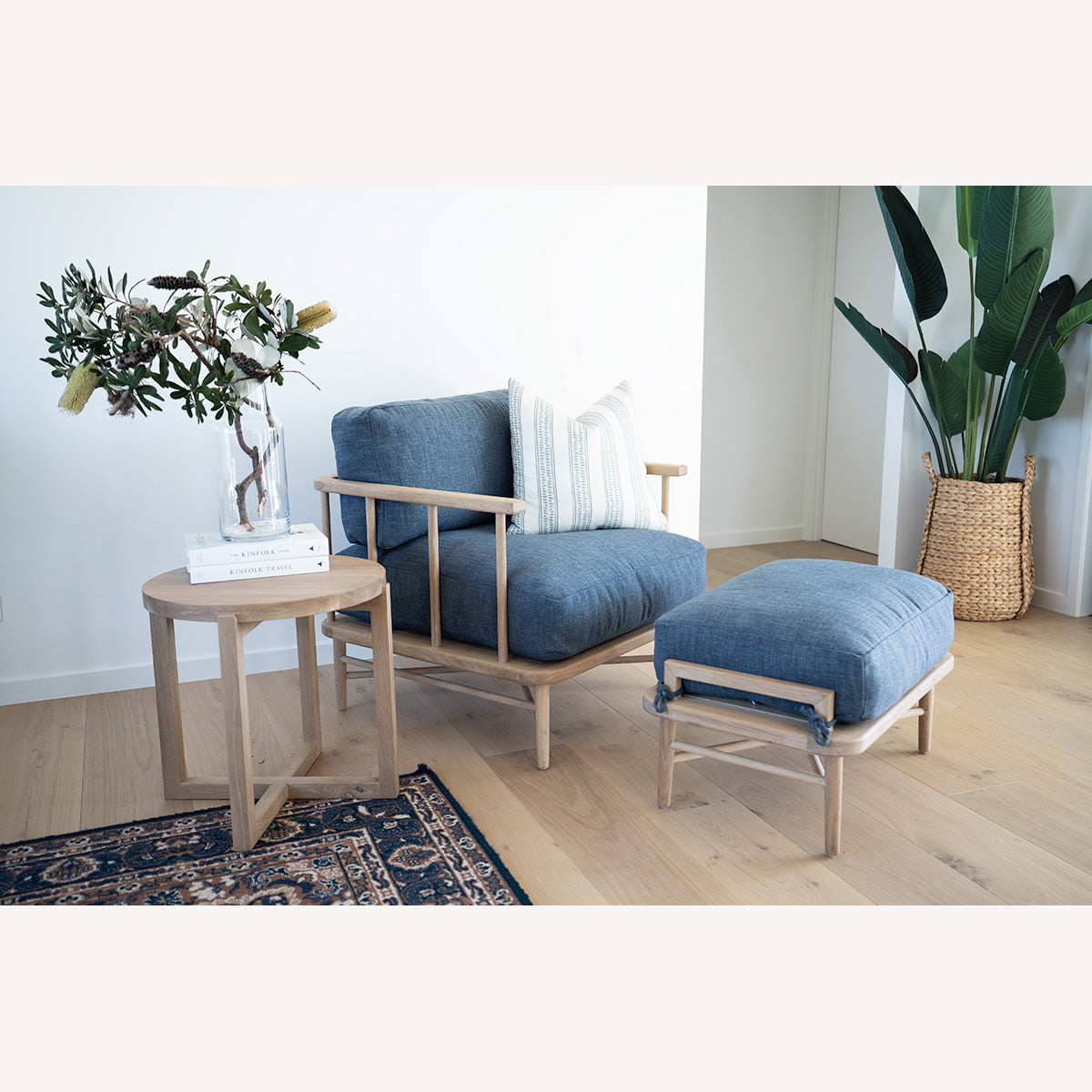 Ruby Oak Armchair & Ottoman – Ink Blue Cushions - Notbrand