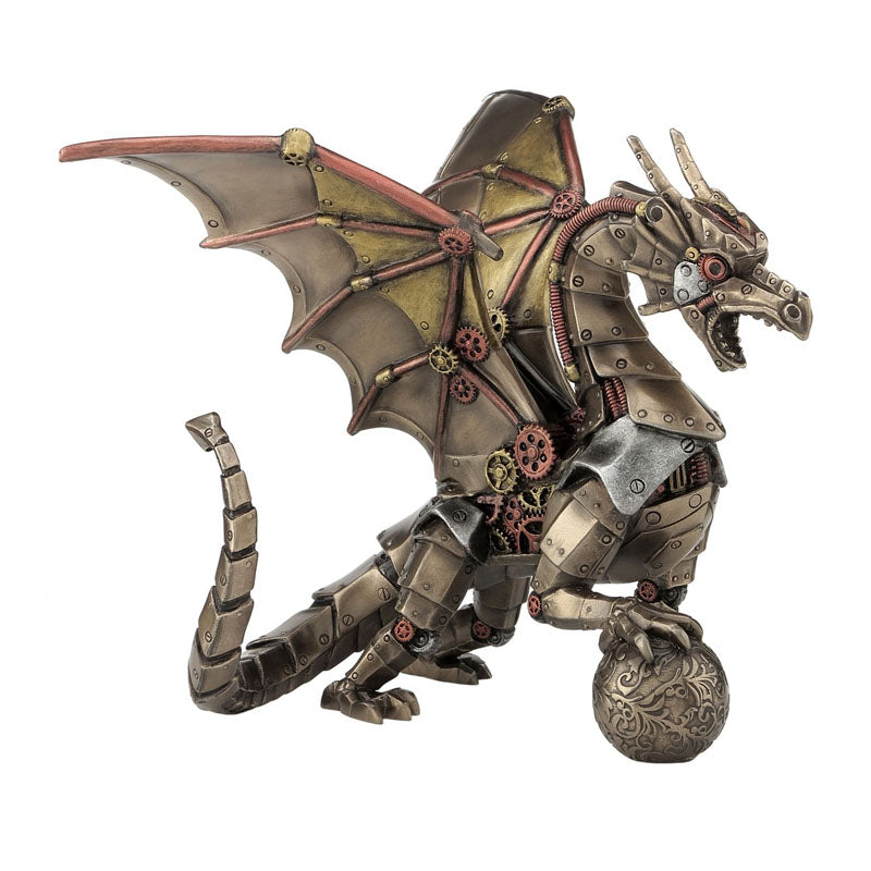 Steampunk Dragon Holding Sphere Bronze Figurine - Notbrand