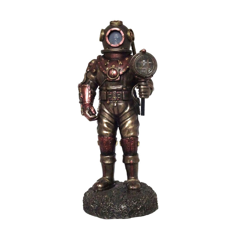 Steampunk Skeleton In Diving Bell Holding Led Light Bronze Figurine - Notbrand