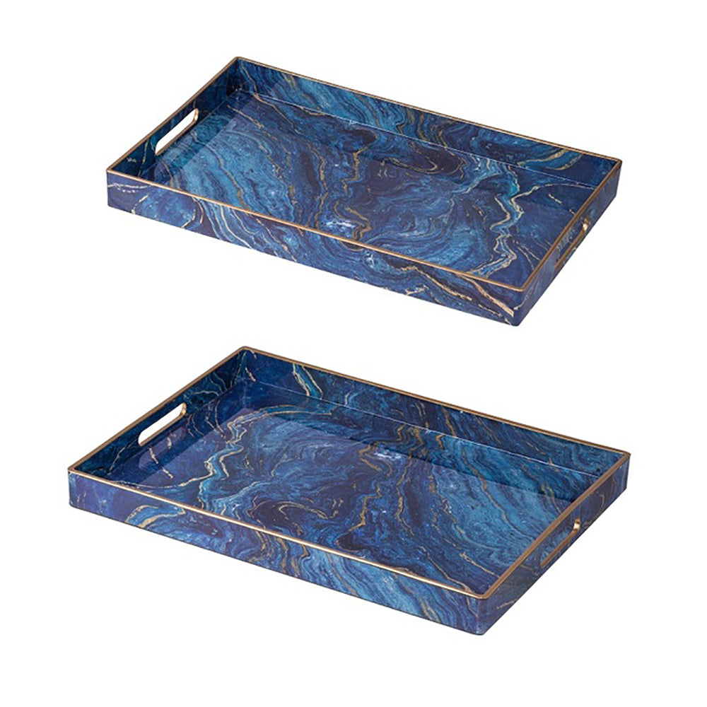 Set of 2 Marble Patterned Rectangular Trays - Blue - Notbrand