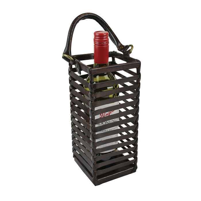 Caged Dark Leather Single Wine holder with Handle - Notbrand