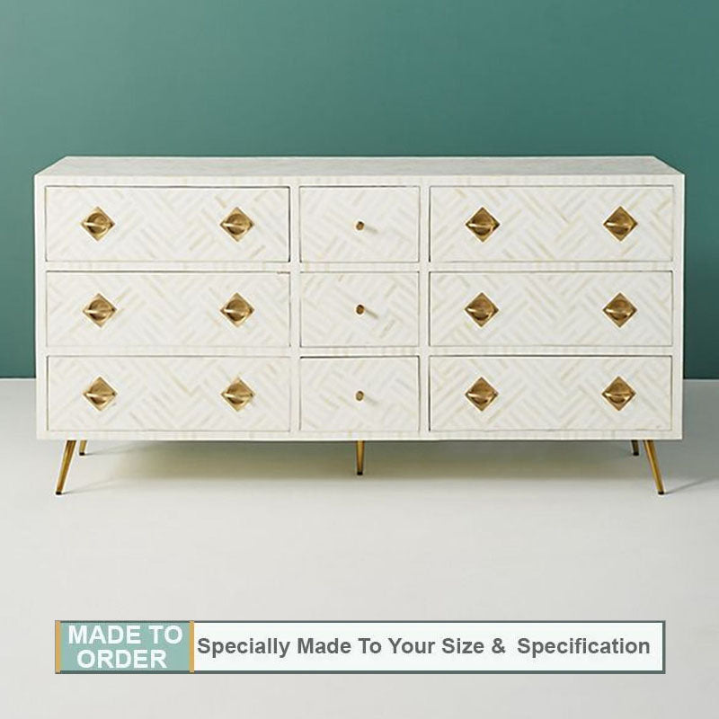 Striped Design Bone Inlay Chest of 9 Drawers in White - Notbrand