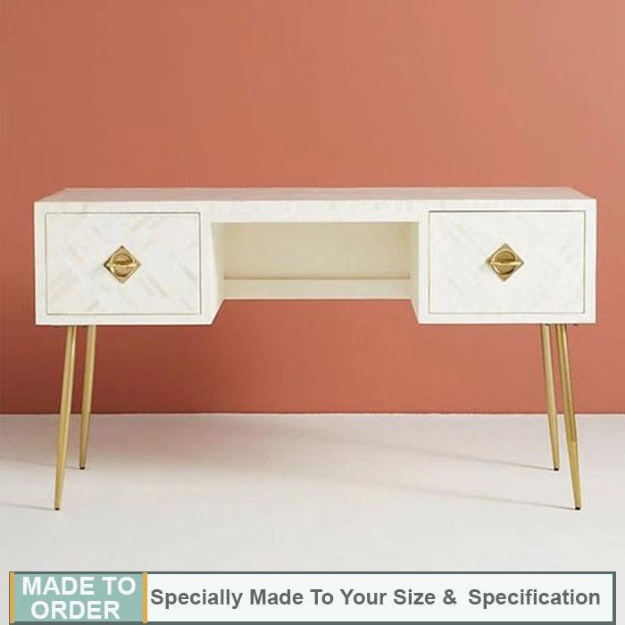 Striped Design Bone Inlay Two Drawers Console table in White with Brass Legs - Notbrand