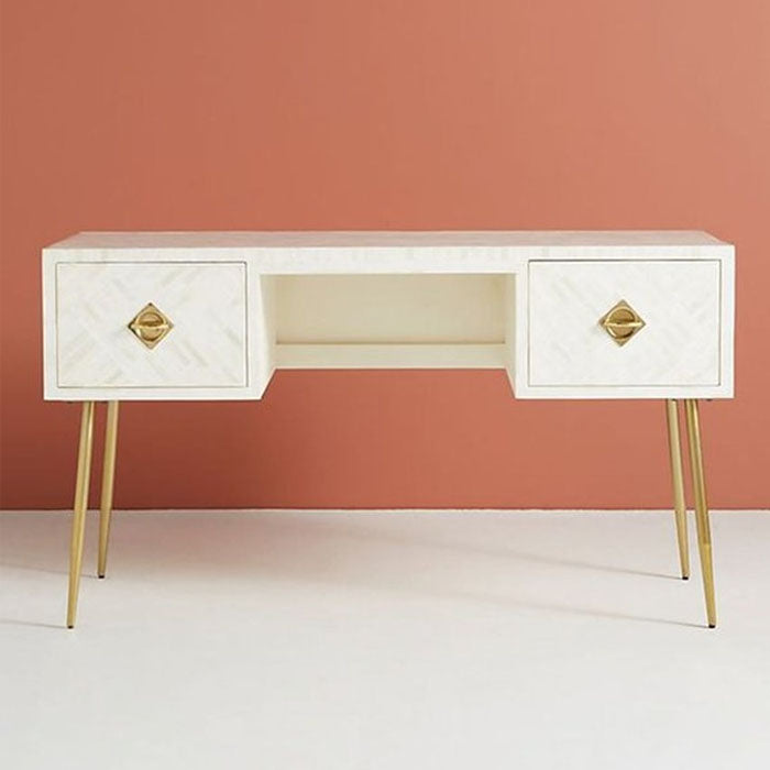 Striped Design Bone Inlay Two Drawers Console table in White with Brass Legs - Notbrand