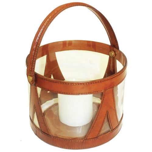Leather & Glass Hurricane Lamp With Handle - Tan - Notbrand