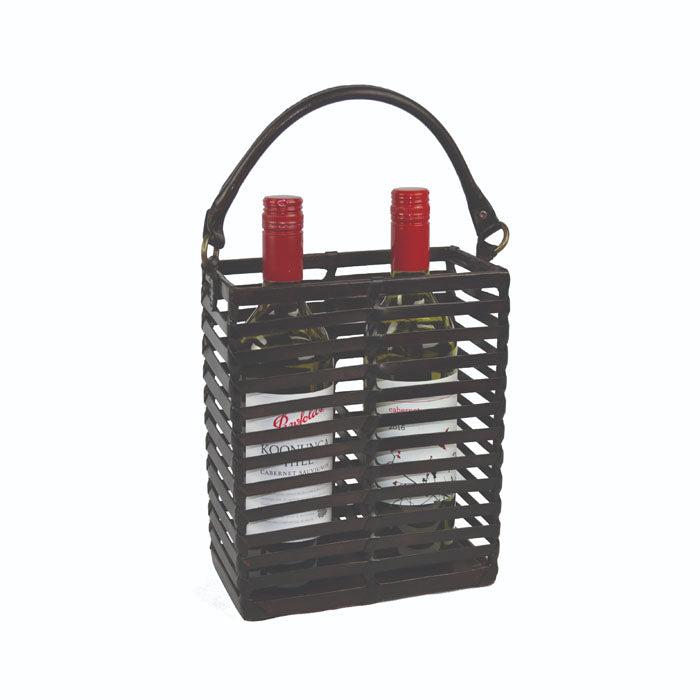 Caged Dark Leather Two Bottle Wine Holder with Handle - Notbrand