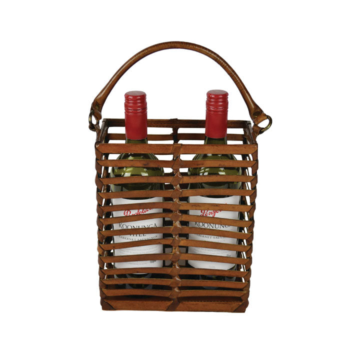 Caged Tan Leather Two Bottle Wine Holder with Handle - Notbrand