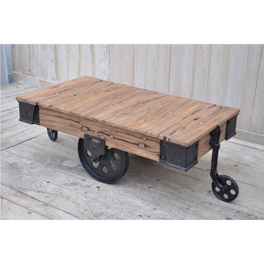 Old Railway Sleeper Industrial Cart Coffee Table - Notbrand