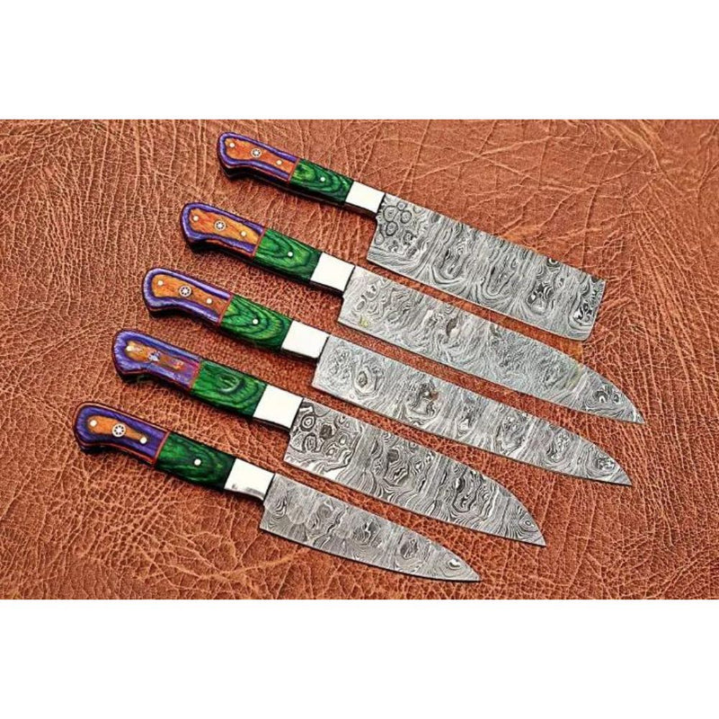 Set of 5 Yolanda Damascus Steel Chef's Knives with Wood Stand - Notbrand