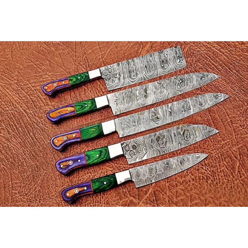 Set of 5 Yolanda Damascus Steel Chef's Knives with Wood Stand - Notbrand
