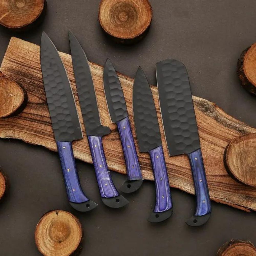 Set of 5 Freddie D2 Damascus Steel Chef's Knives - Purple Wood Handle - Notbrand