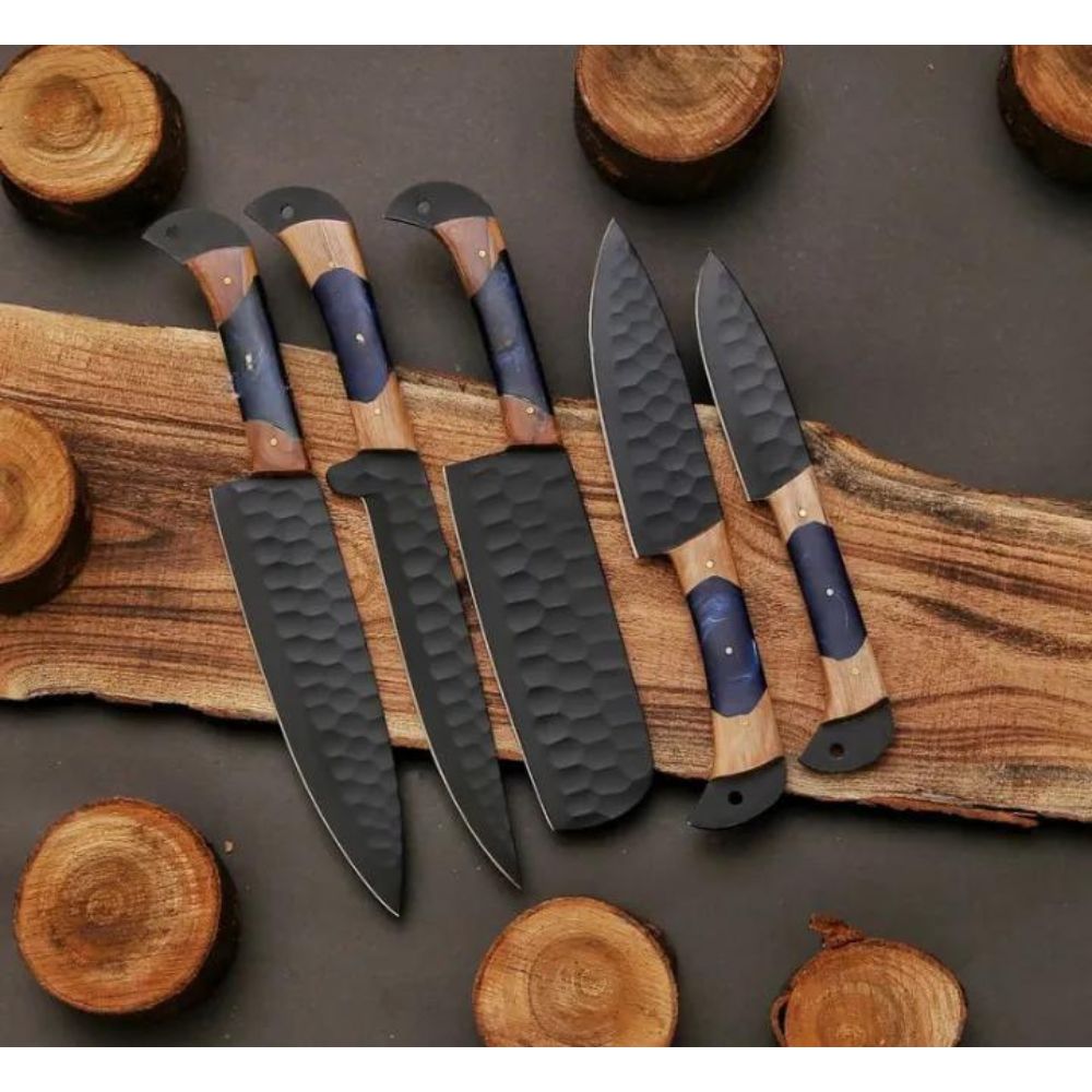 Set of 5 Freddie D2 Damascus Steel Chef's Knives - Blue Razon Handle - Notbrand