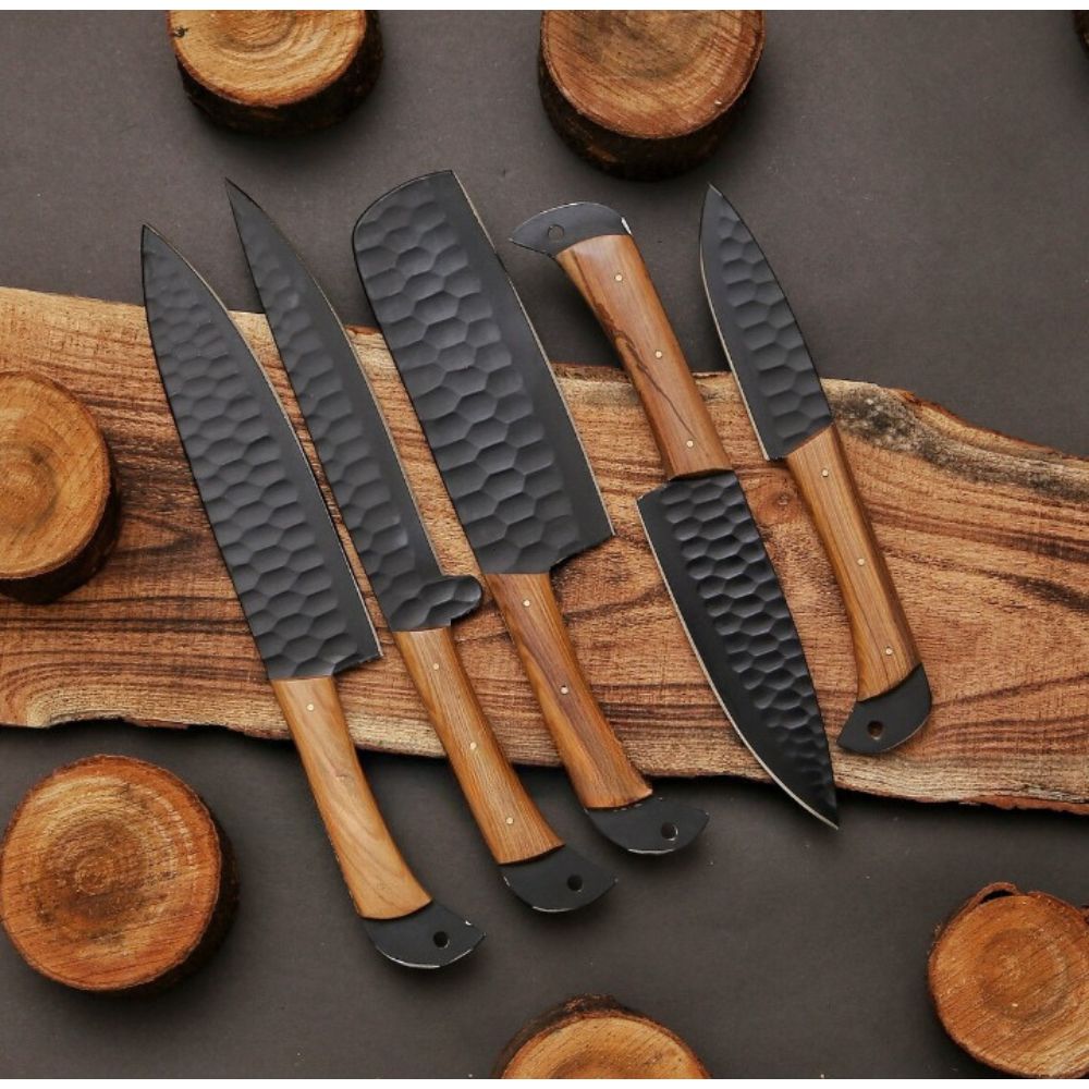 Set of 5 Duncan D2 Damascus Steel Chef's Knives - Olive Wood Handle - Notbrand