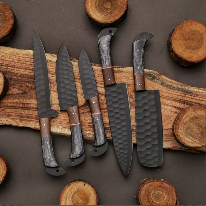 Set of 5 Duncan D2 Damascus Steel Chef's Knives - Grey Wood Handle - Notbrand