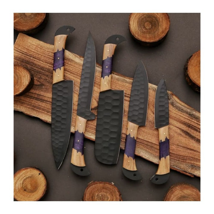 Set of 5 Duncan D2 Damascus Steel Chef's Knives - Wood with Razon - Notbrand