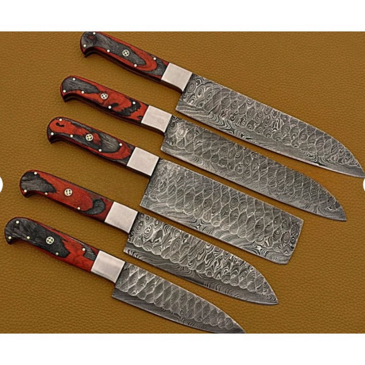 Set of 5 Warner Damascus Chef Knives - Red Handle - Notbrand