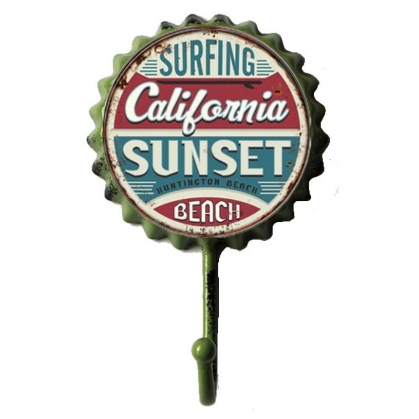 Retro Tin Bottle Cap Single Wall Hook - Surfing California Sunset - Notbrand
