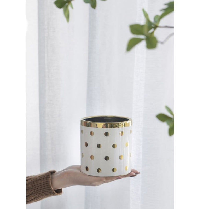Navya Ceramic Polka Dots Planter - Gold & White - Notbrand