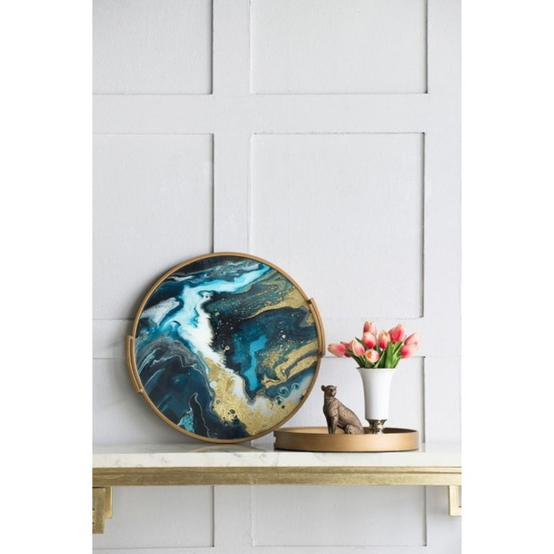Abstract Blue & Gold Mirror Round Tray with handles - Notbrand