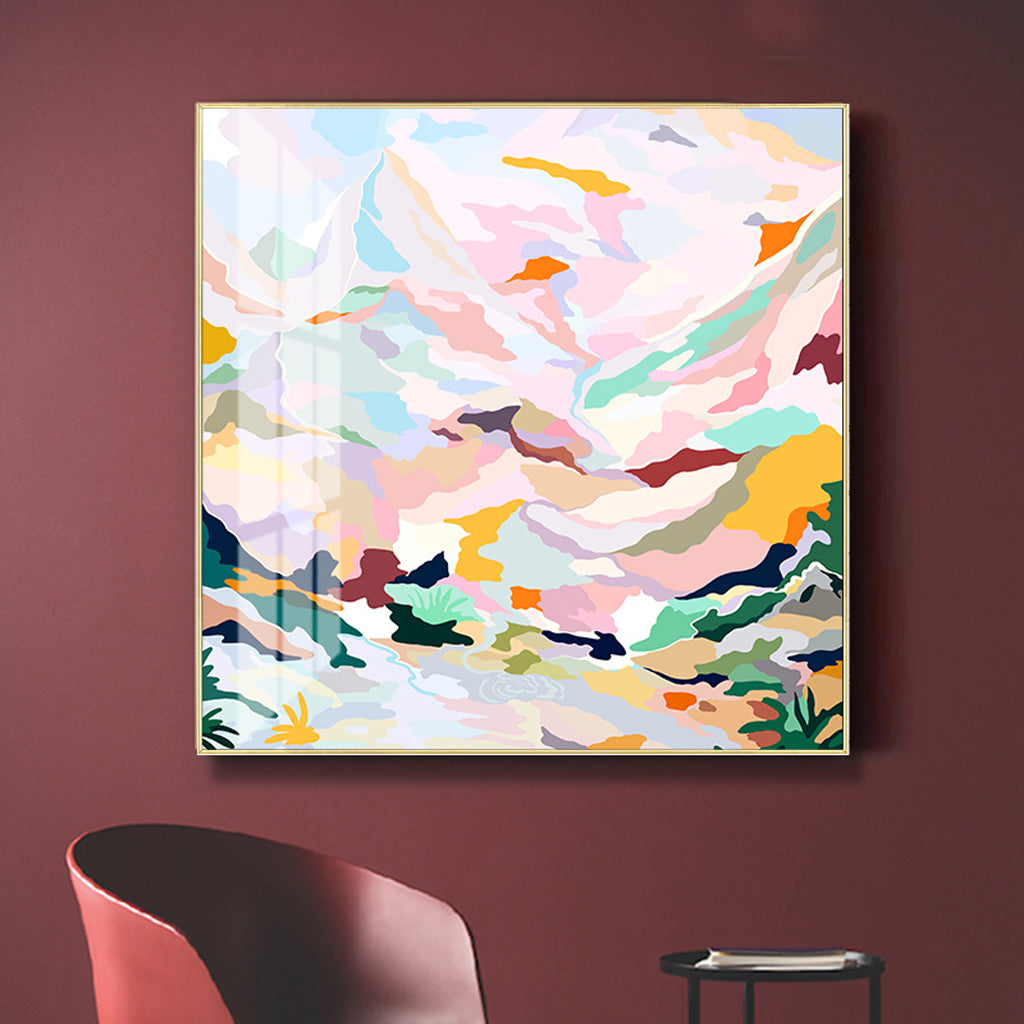 Canvas Abstract Mountain Hand Painted Style with Gold Frame Wall Art - Pink - Notbrand