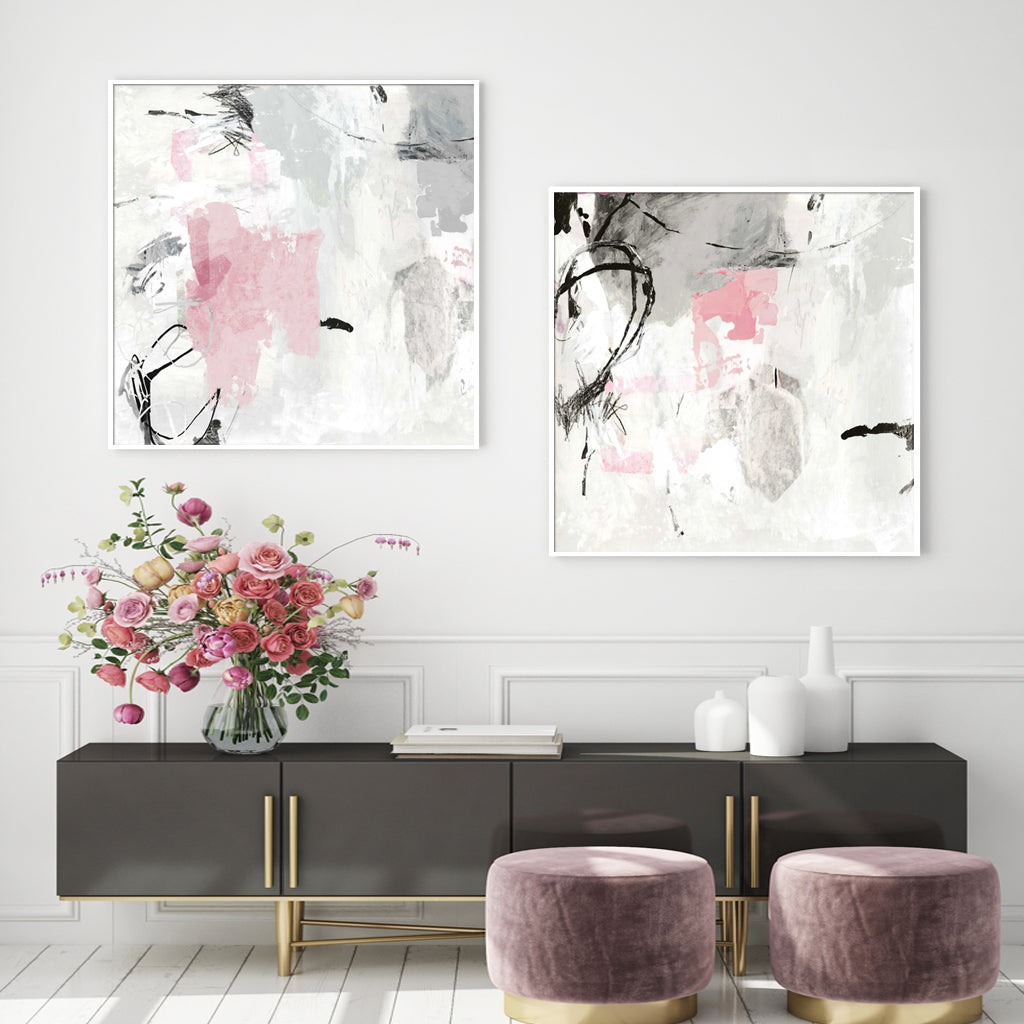 Canvas Abstract Pink Grey Wall Art with White Frame Set - 2 Pieces - Notbrand