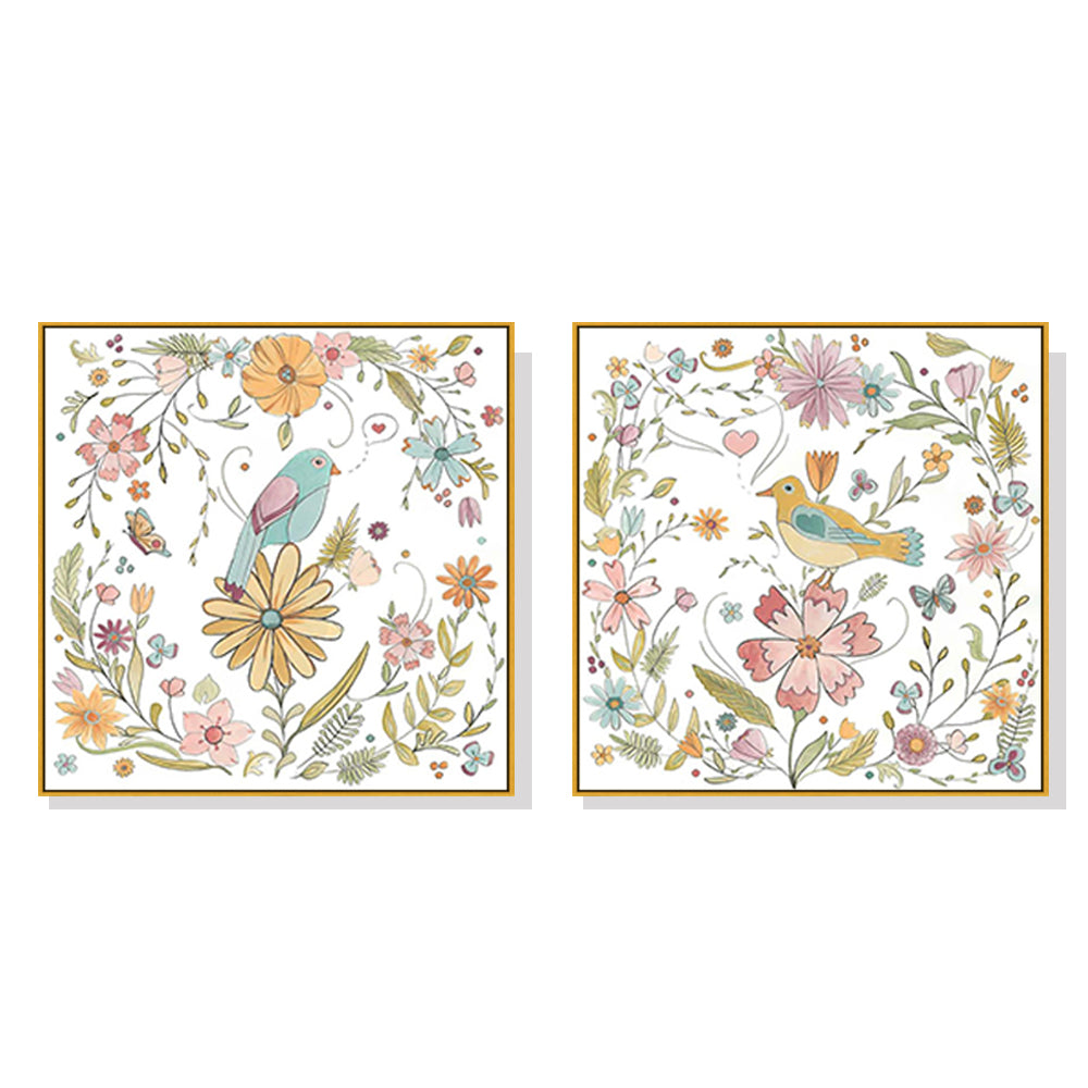 Canvas Floral Birds 2 Sets Wall Art with Gold Frame - 60cm - Notbrand