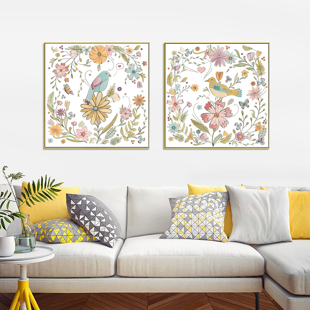 Canvas Floral Birds 2 Sets Wall Art with Gold Frame - 60cm - Notbrand