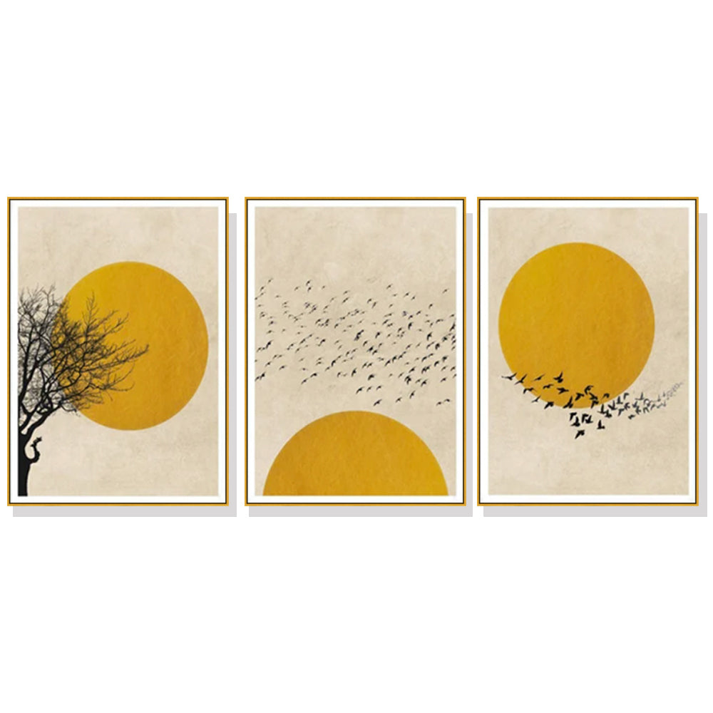 Canvas Flock of Birds Sun Silhouette 3 Sets Wall Art with Gold Frame - 60cm - Notbrand