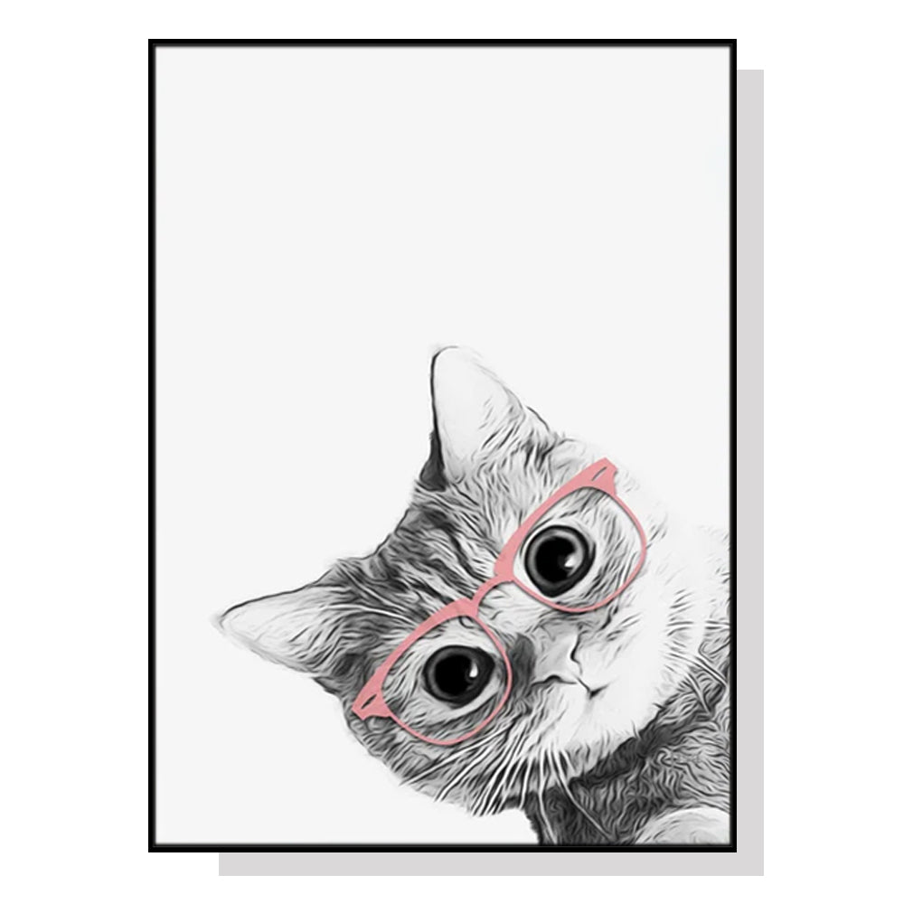 Canvas Cat with Glasses Black Frame Wall Art - 90cm - Notbrand