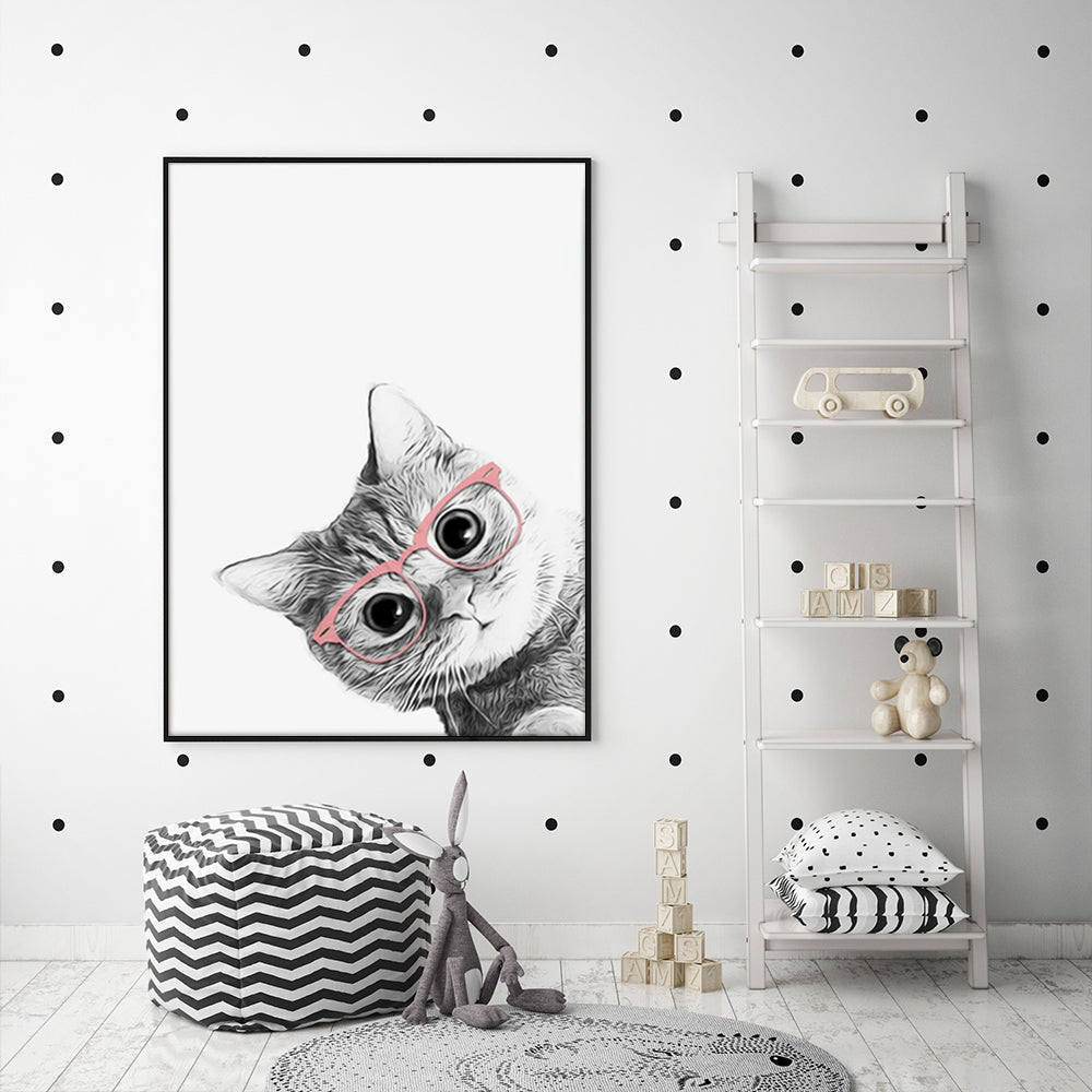 Canvas Cat with Glasses Black Frame Wall Art - 90cm - Notbrand