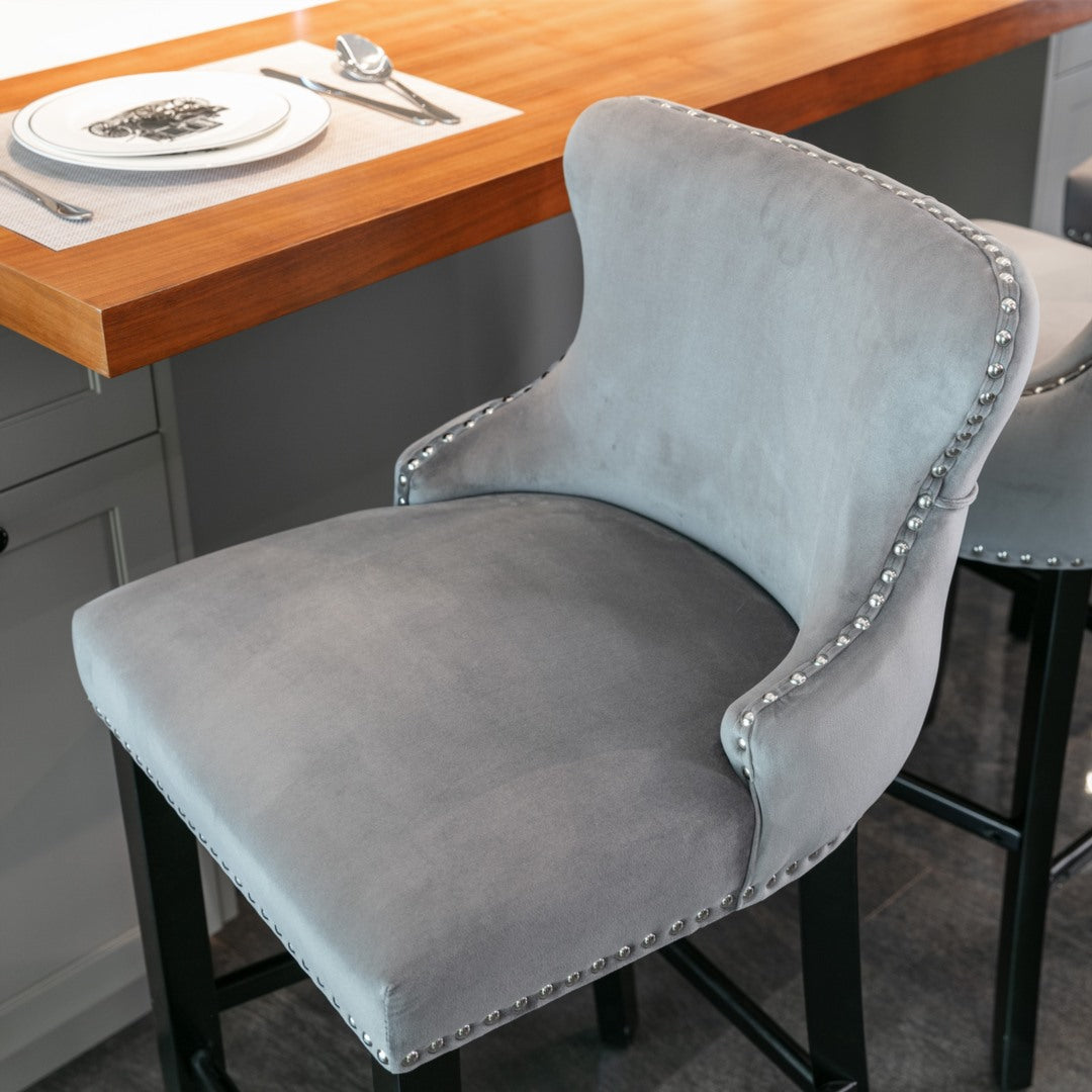 Acorn Button Tufted Velvet Upholstered Bar Stool in Grey - Set of 2