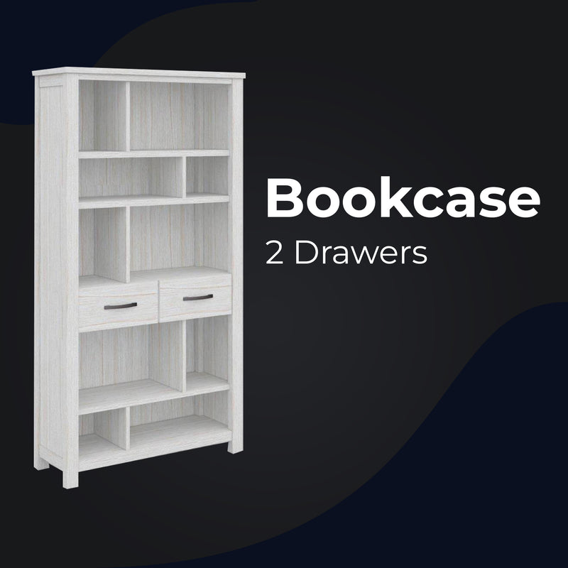 Foxglove Bookshelf with 5 Tier 2 Drawers Solid Mt Ash Timber Wood - White - Notbrand