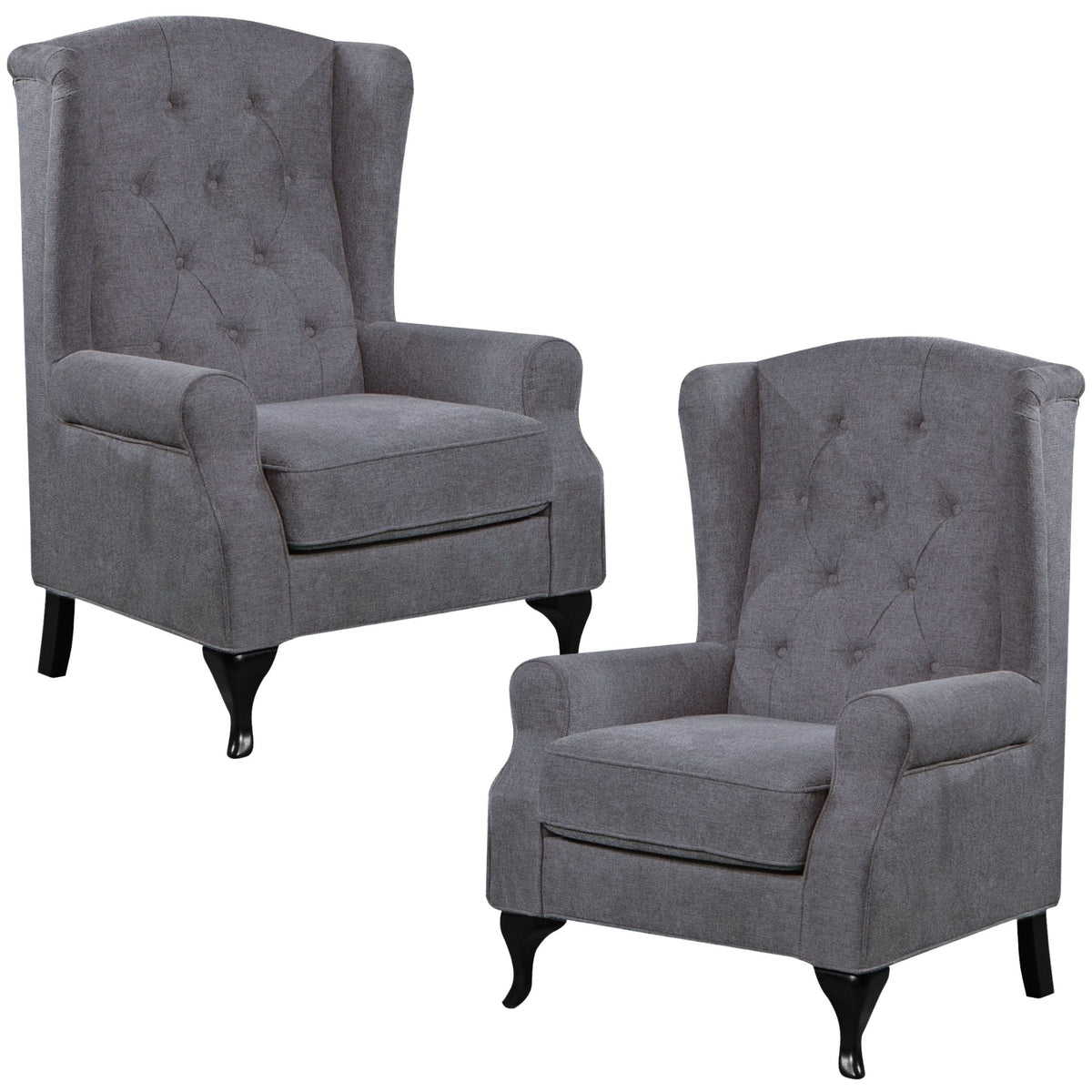 Kiho Chesterfield Wing Back Fabric Sofa Chair in Grey Set - 2 Pieces - Notbrand