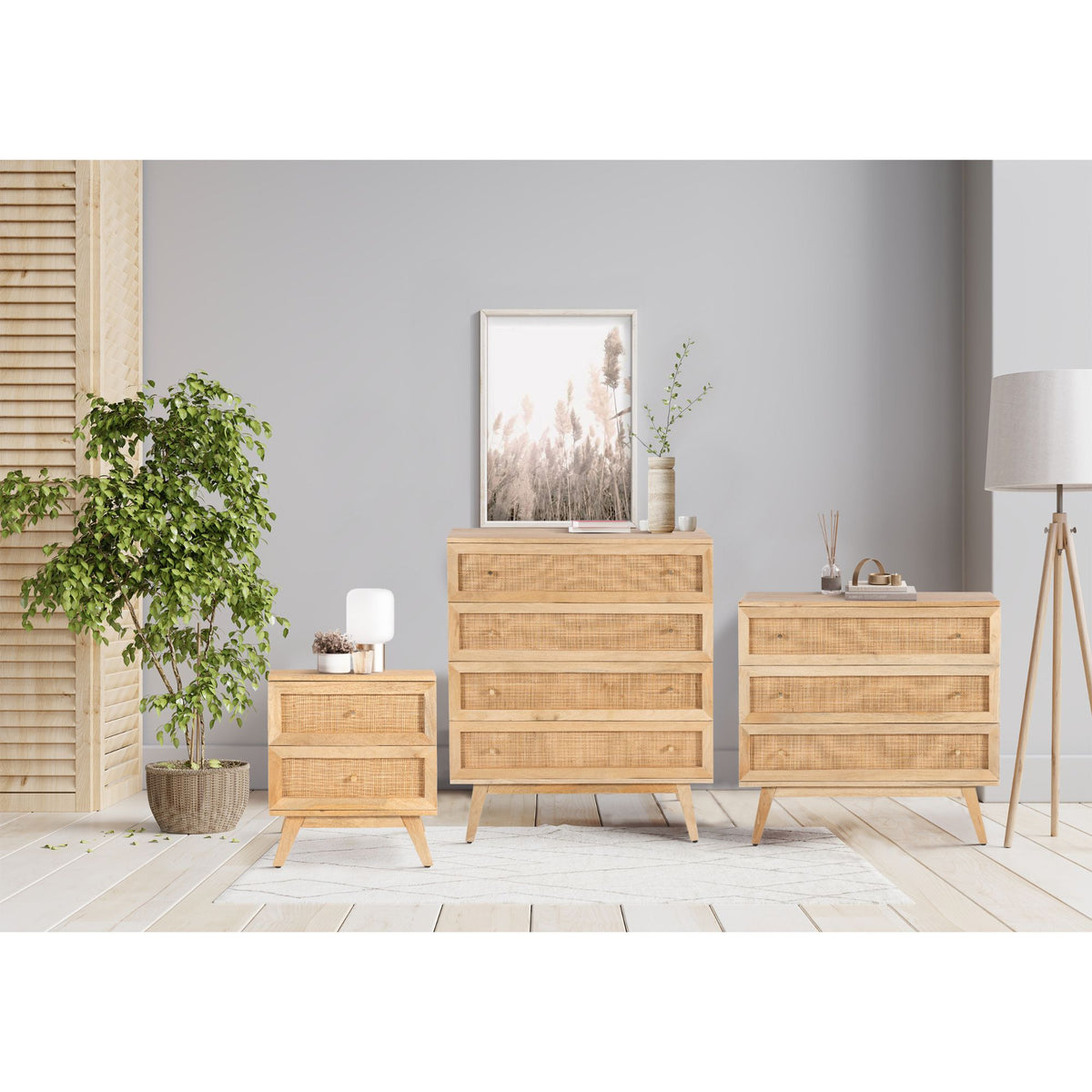 Olearia Buffet Cabinet with 3 Drawer Mango Wood Rattan - Natural - Notbrand